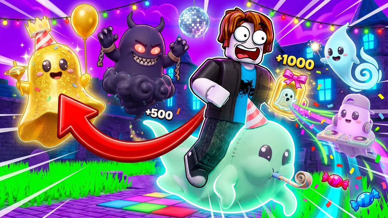 Ghost Party: a player rides a ghost through a haunted mansion party